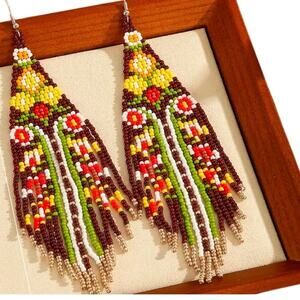 NEW Boho-Chic Retro Floral Design Beaded Earrings Multicolor Earth Tones
